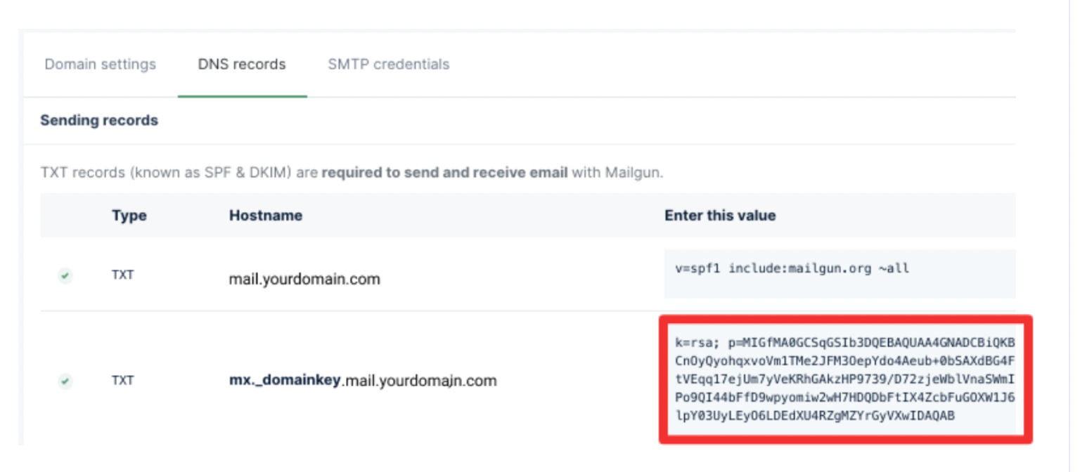 Mailgun screen highlighting the long DKIM TXT record to copy