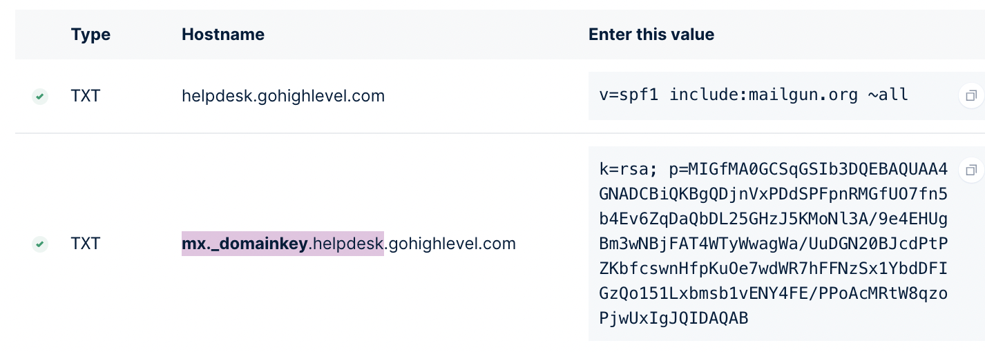 Example of the name value to copy when using a subdomain