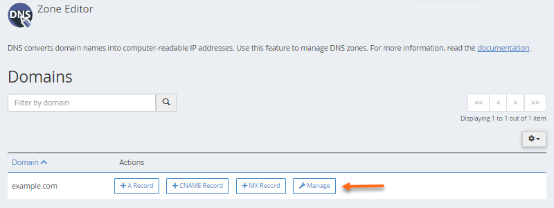 Manage button next to a domain in cPanel Zone Editor