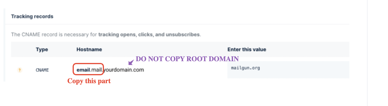 Mailgun CNAME host name to copy