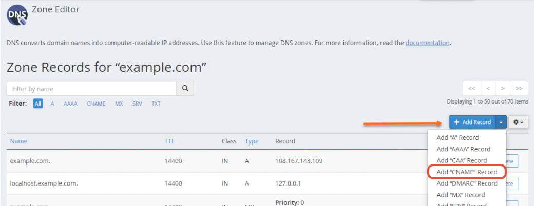 Add CNAME Record option in cPanel