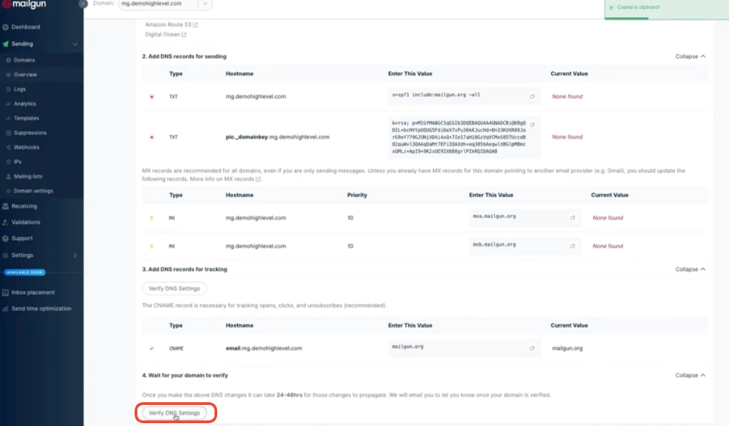 Verify DNS Settings button in Mailgun