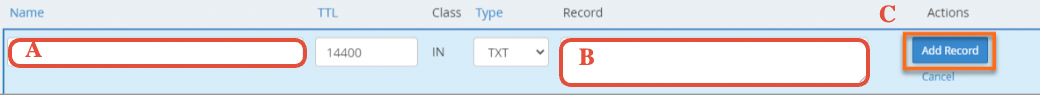 TXT record entry form in cPanel Zone Editor