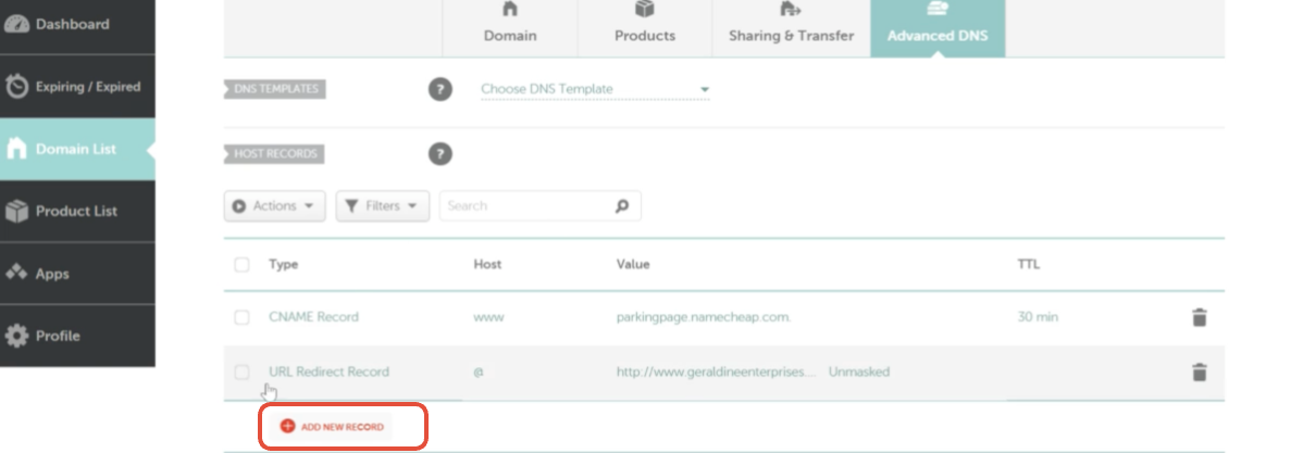 Add New Record button in Namecheap Advanced DNS