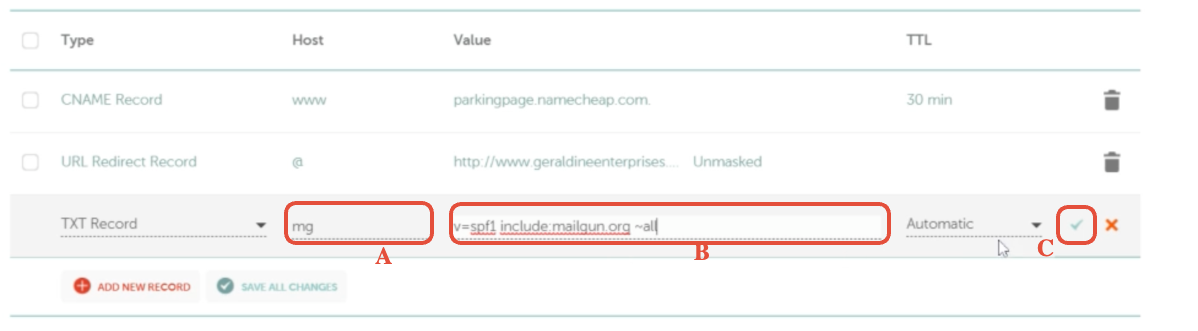 TXT record row in Namecheap DNS table