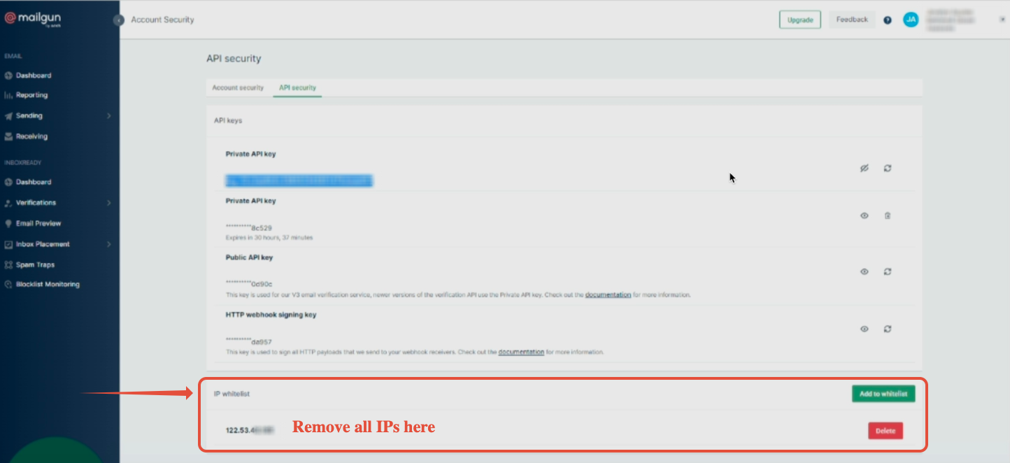 Mailgun IP access restriction settings used when troubleshooting API domain synchronization