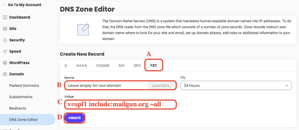 Create New Record section in SiteGround DNS Zone Editor