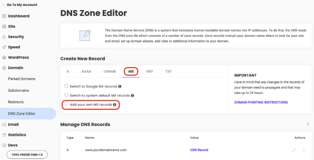 Add your own MX records option in SiteGround