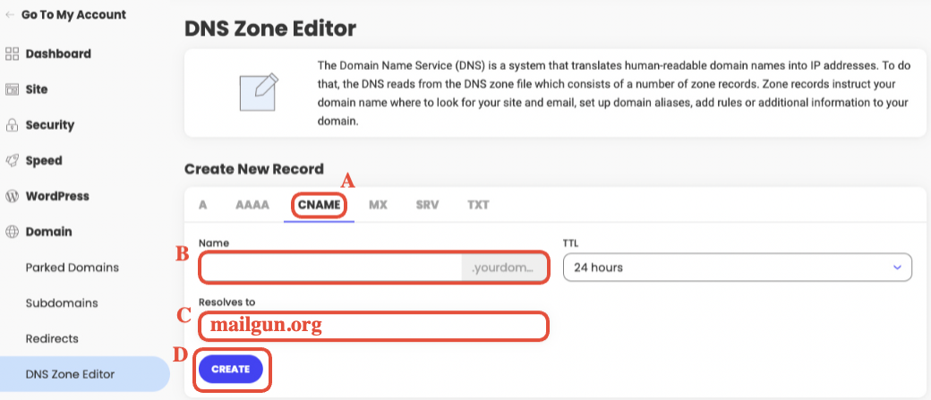 Add CNAME record form in SiteGround