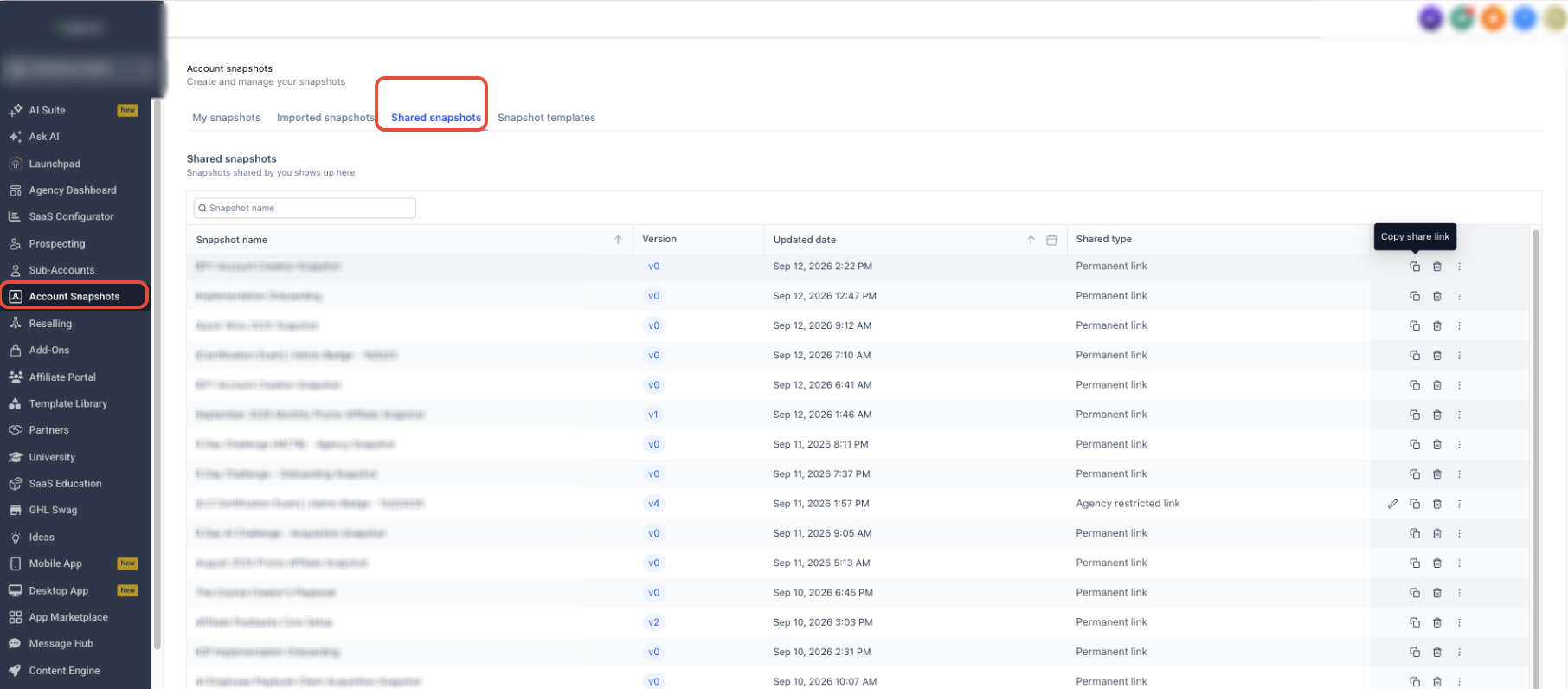 Share Snapshot modal with Assets Protection enabled