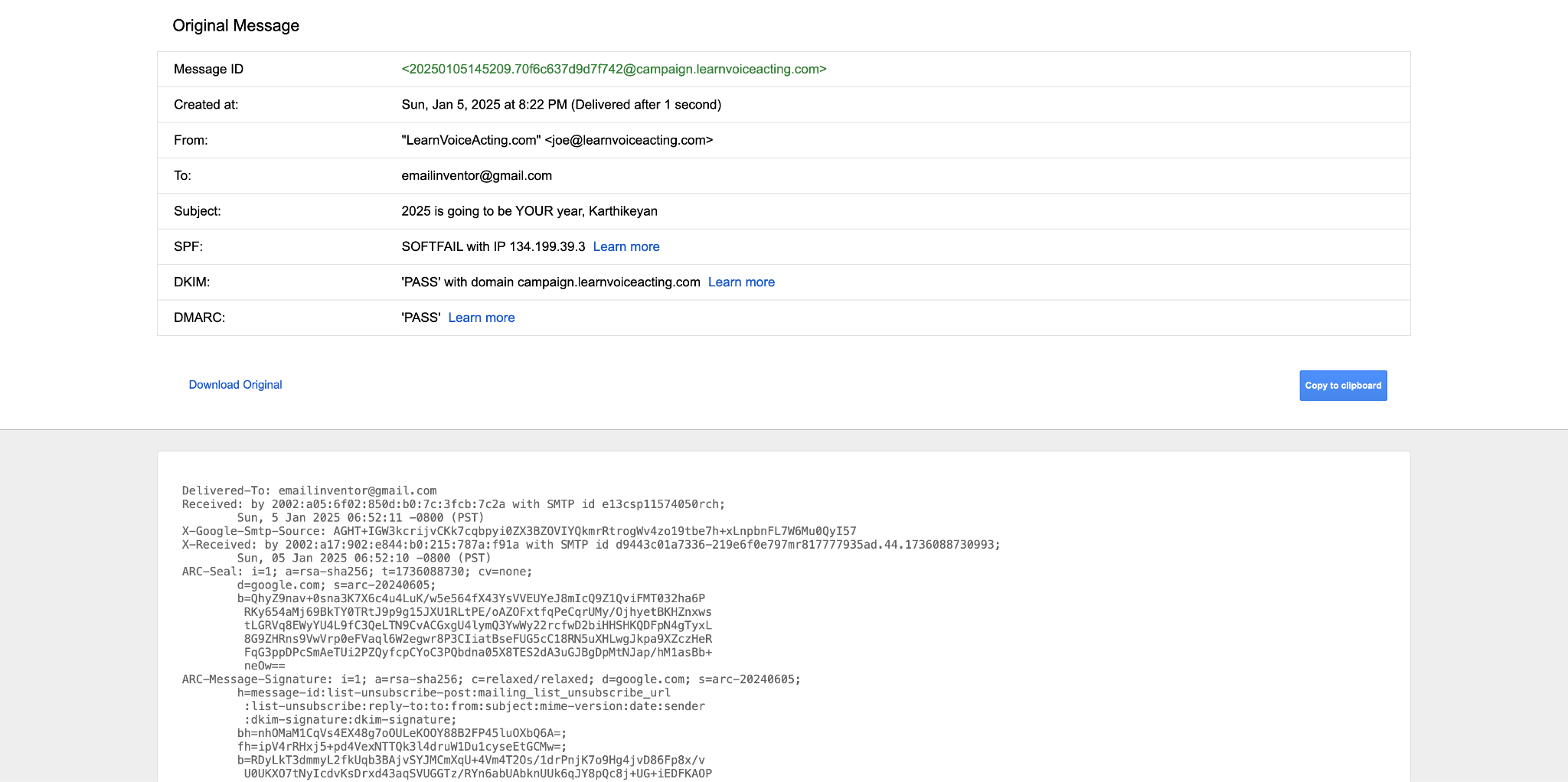 SPF FAIL example in Gmail email header