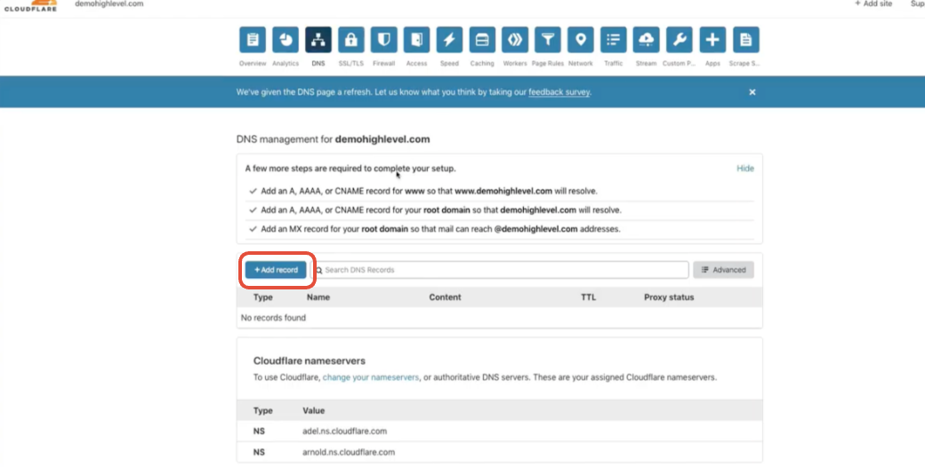 Add Record button in Cloudflare DNS