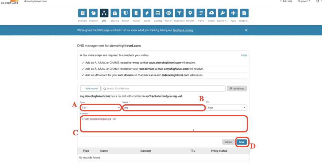 Add record form in Cloudflare