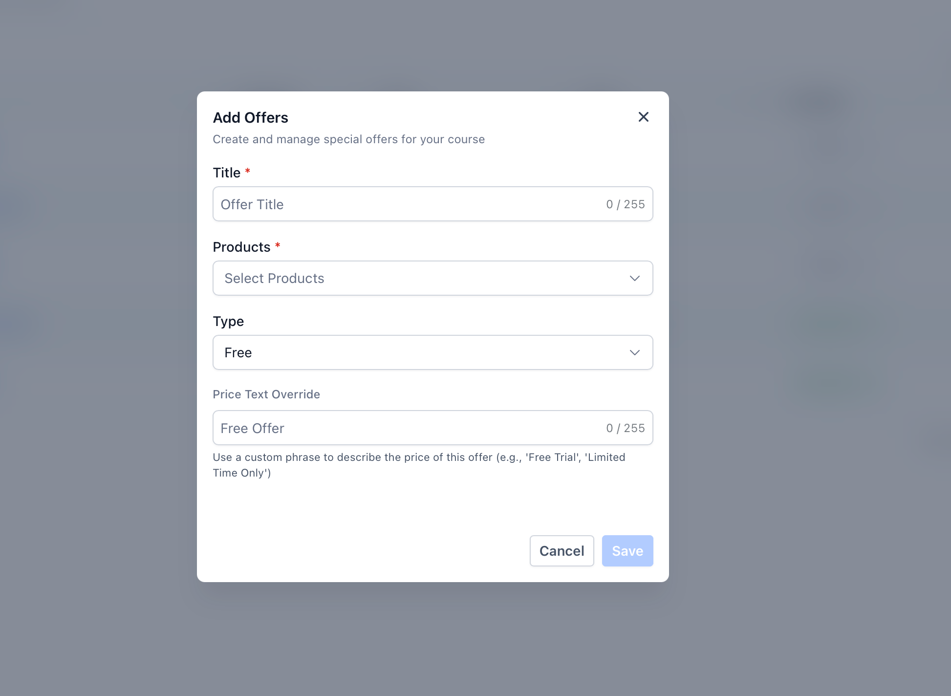 Create Offer window showing title, products, and offer type
