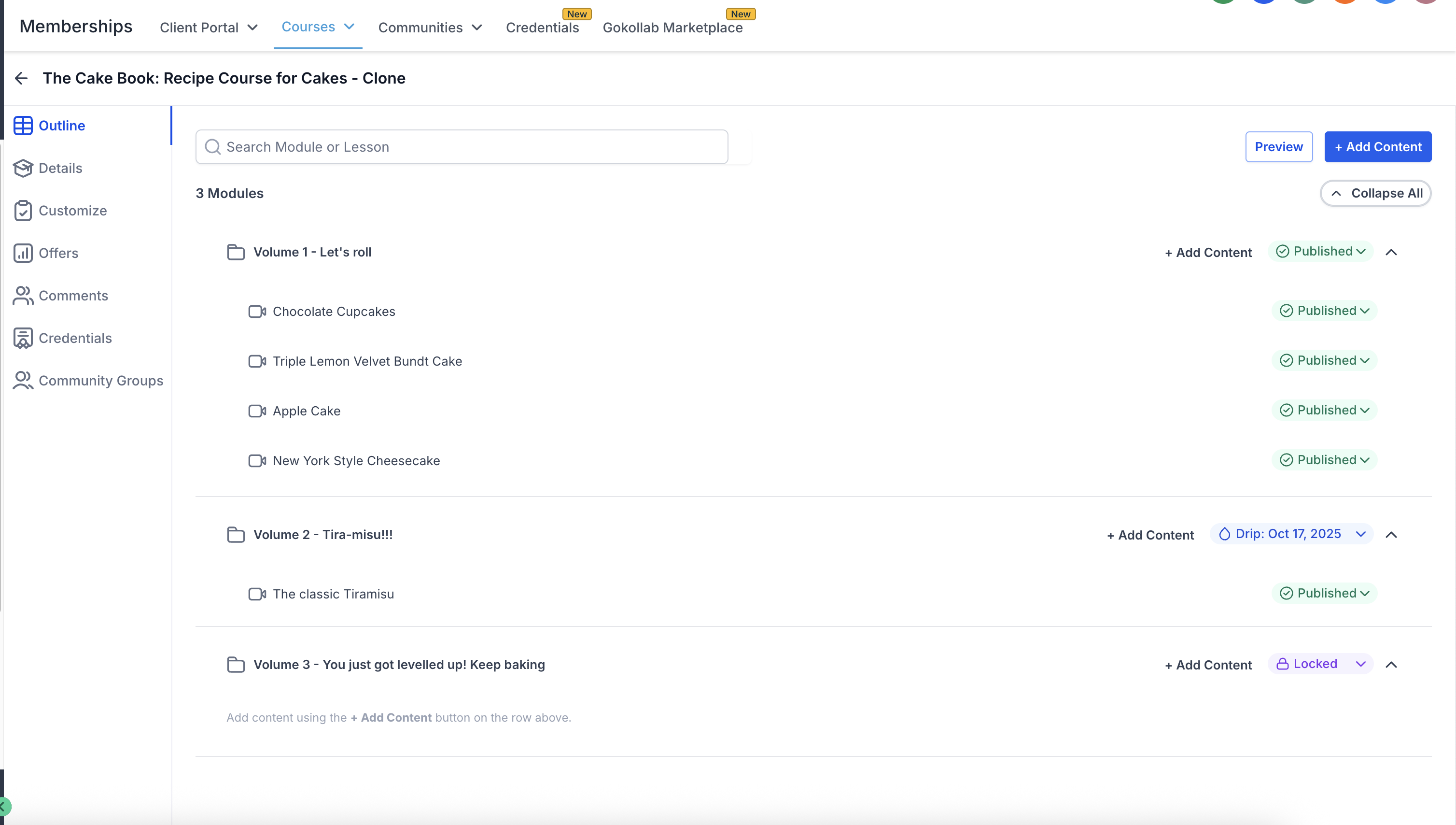 Course outline showing modules, lessons, content status, drip settings, and locked content