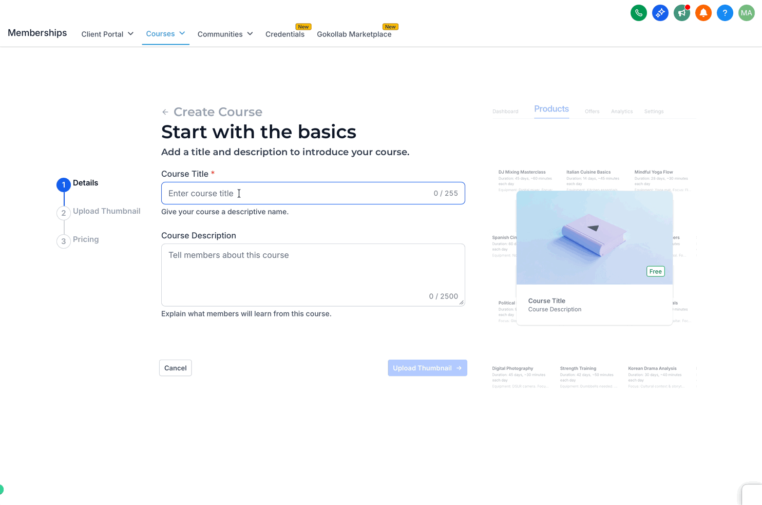 Course creation workflow showing course details and Create Course