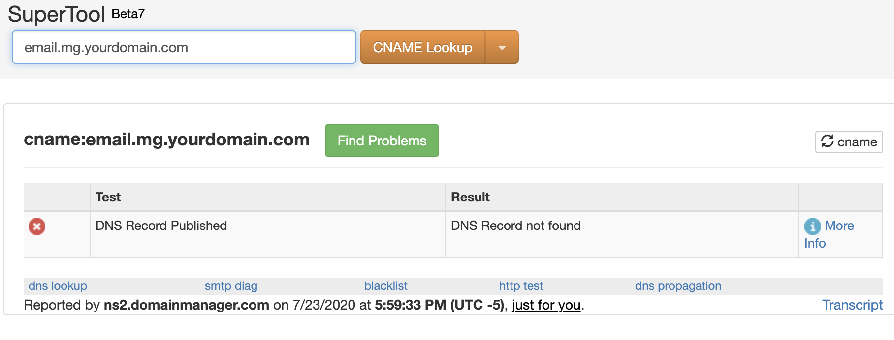 CNAME lookup result example 2