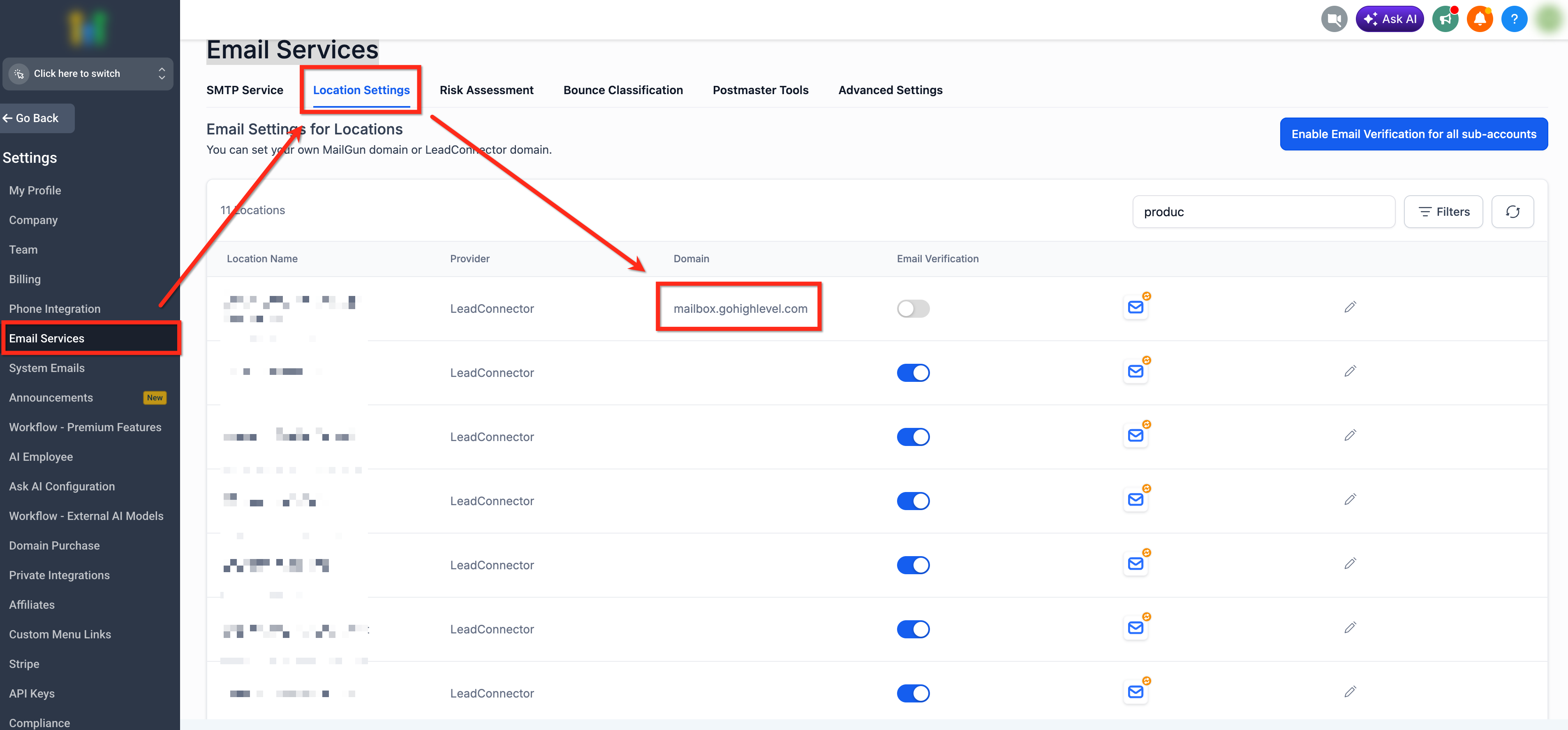Location Settings tracking domain field
