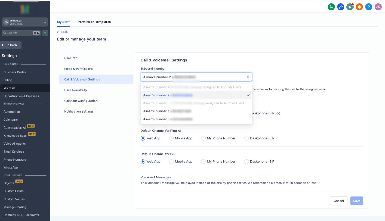 Assigning a Twilio phone number under Call and Voicemail Settings