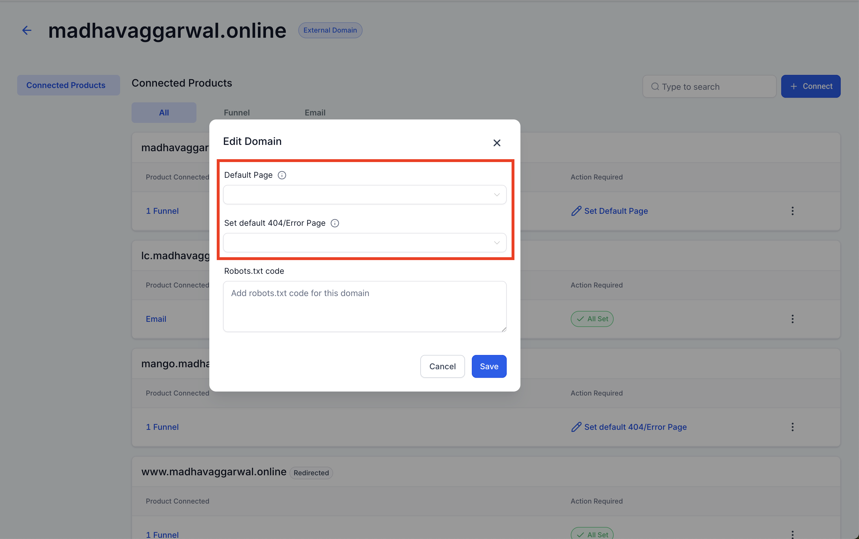 Action Required modal showing the Default Page and Default 404 Error Page dropdowns