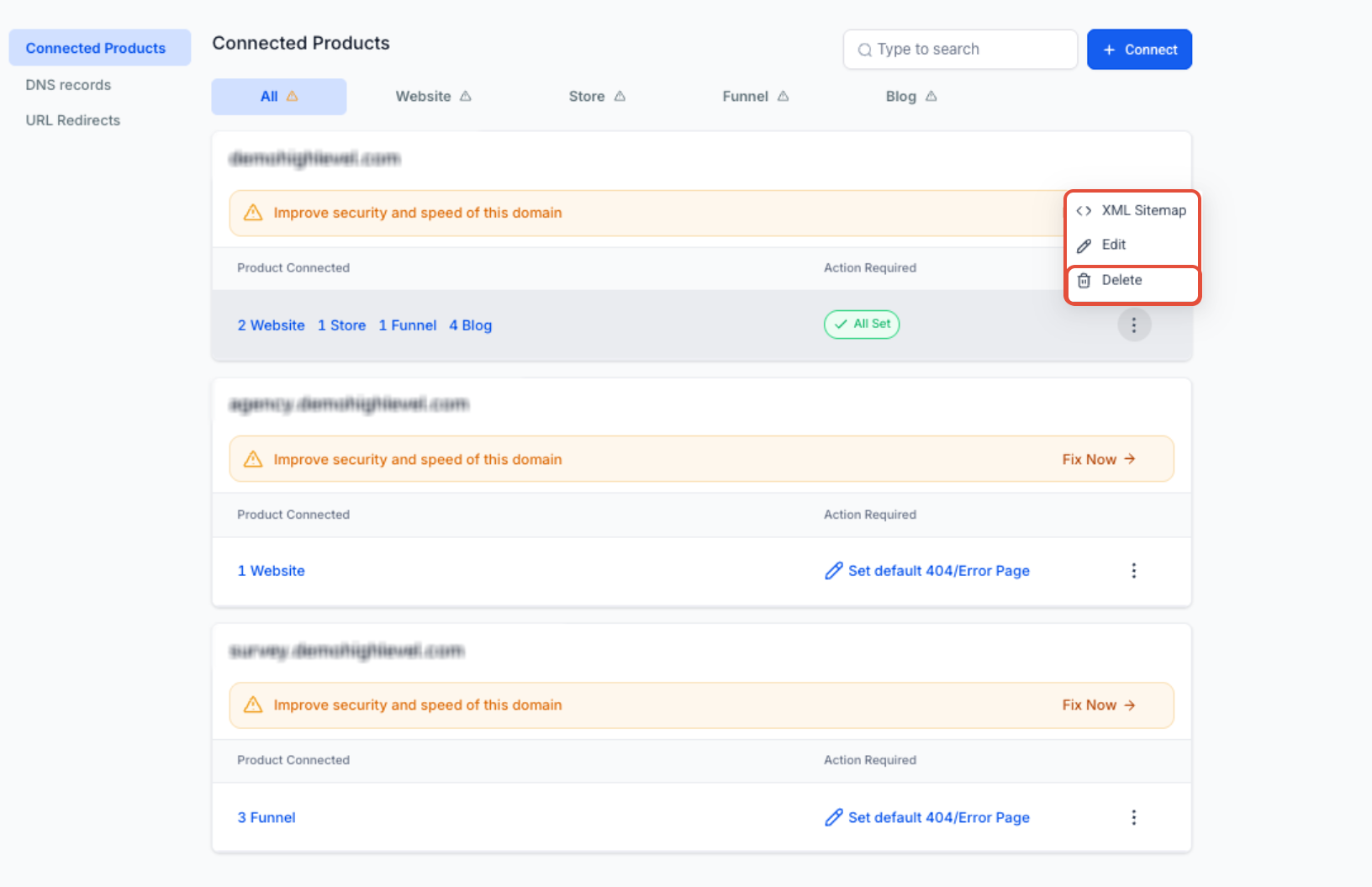 Domain management menu showing the Delete option