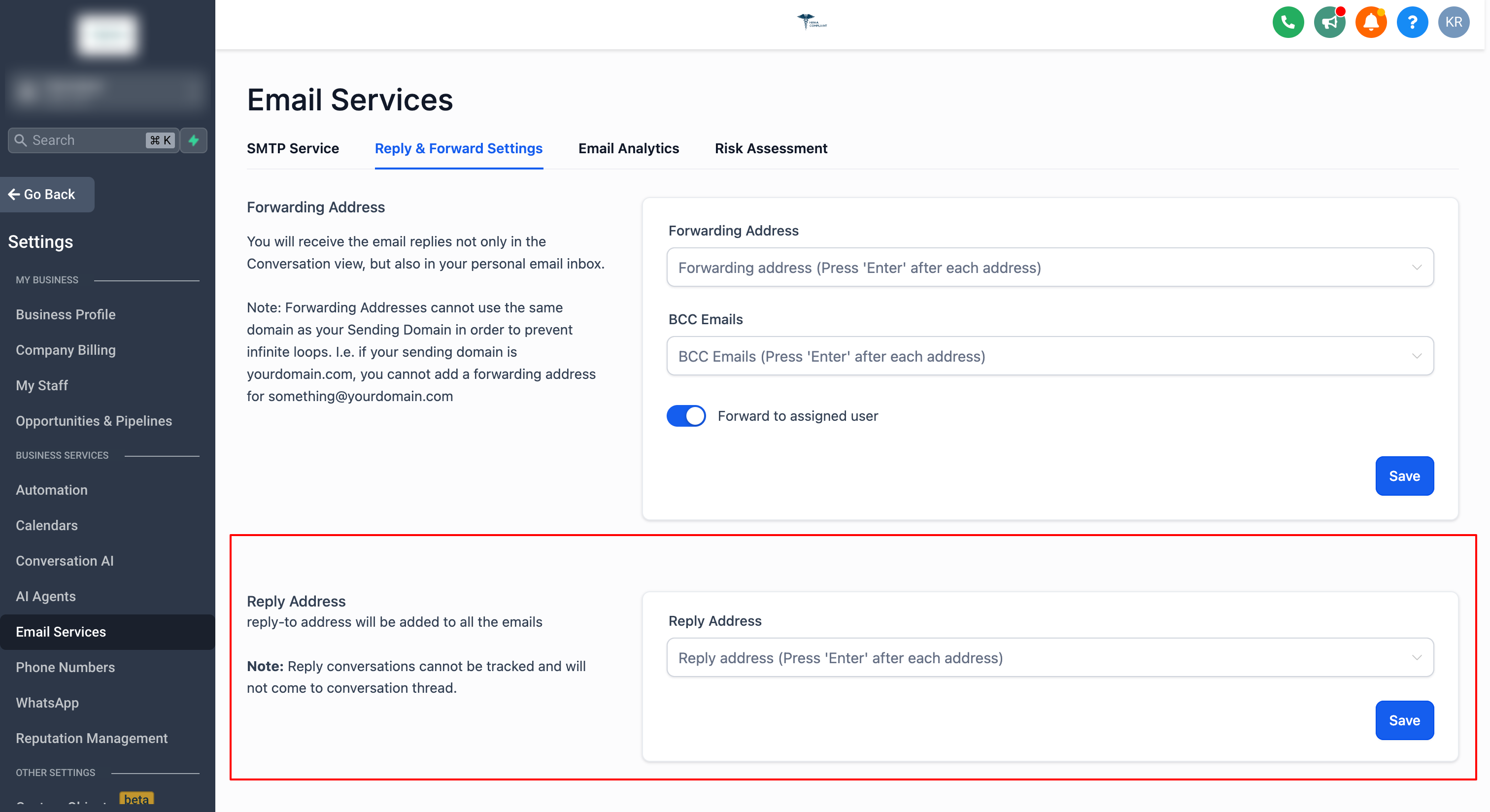 Reply address configuration