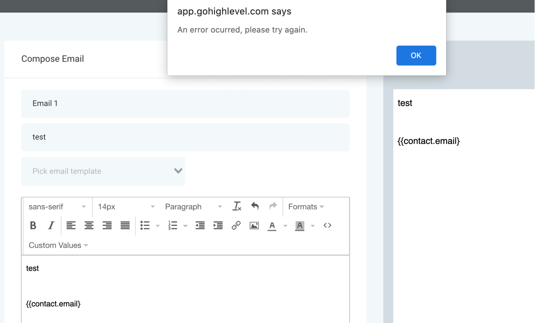 Send Email trigger action error message