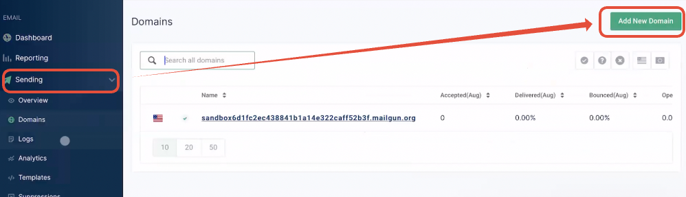 Sending menu with Add New Domain option in Mailgun