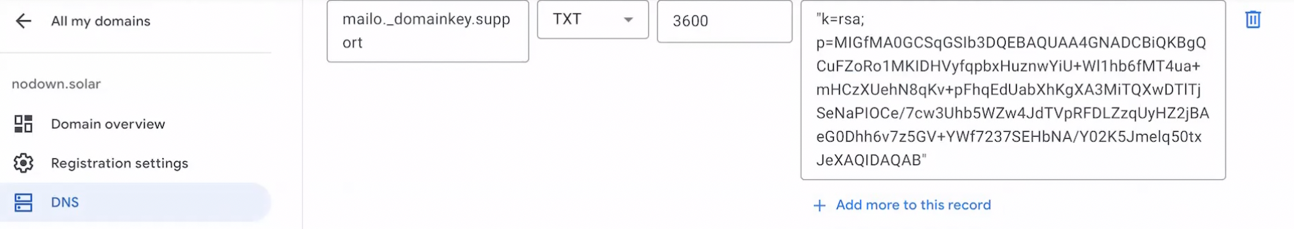 Second TXT record form filled with the DKIM value in Google Domains