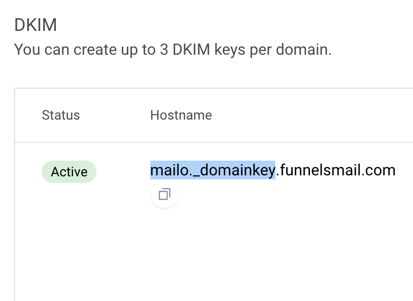 Example of the host value to copy when using the main domain