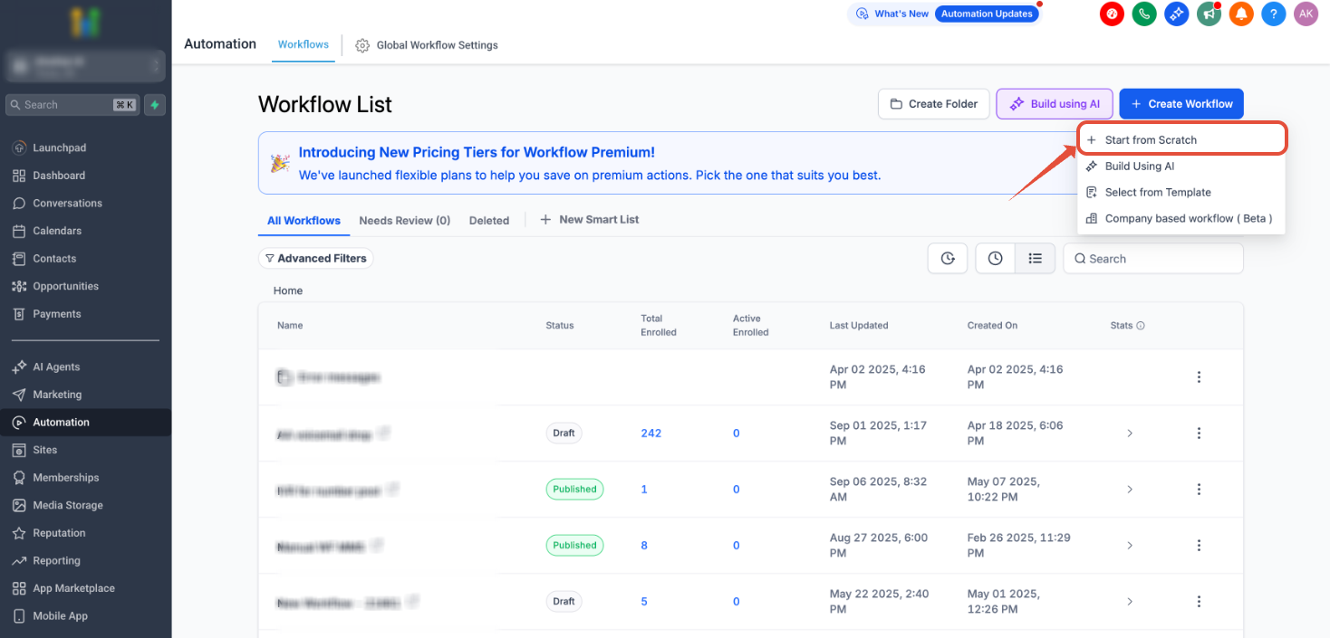Start from Scratch option selected with Create New Workflow
