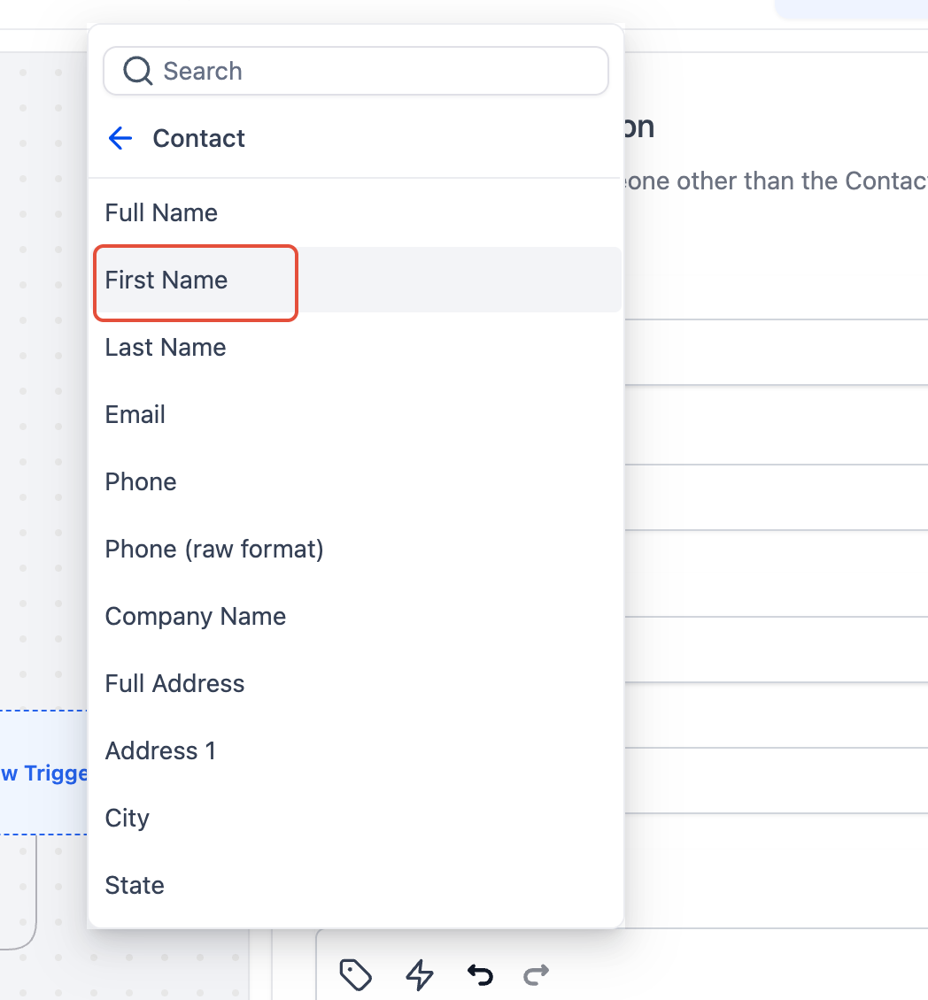 Custom Values picker showing Contact First Name