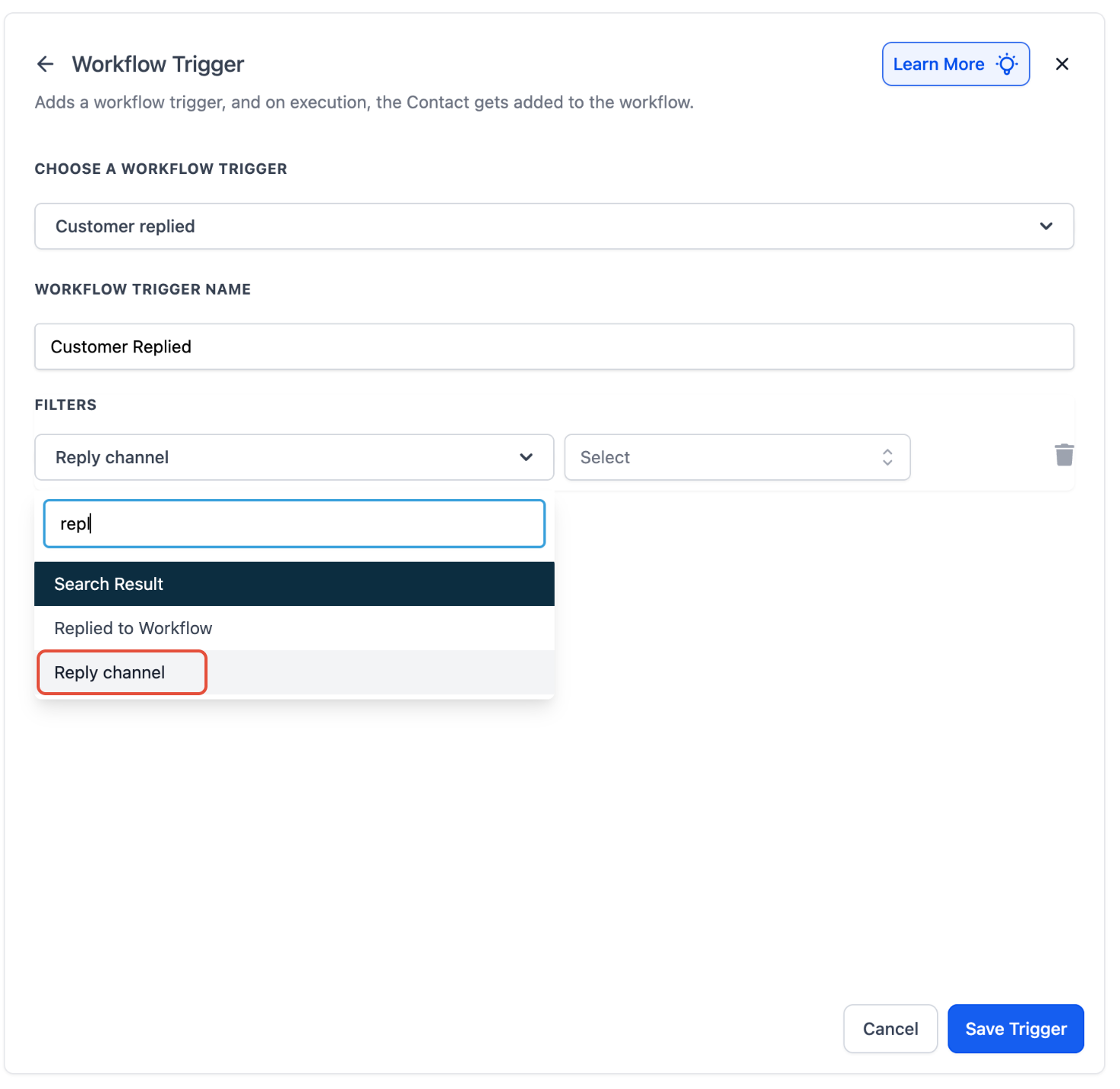 Reply Channel filter selected