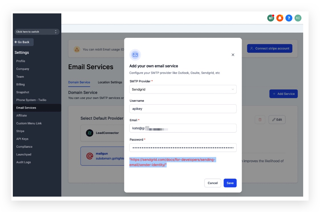 Saving the SendGrid integration again in the platform