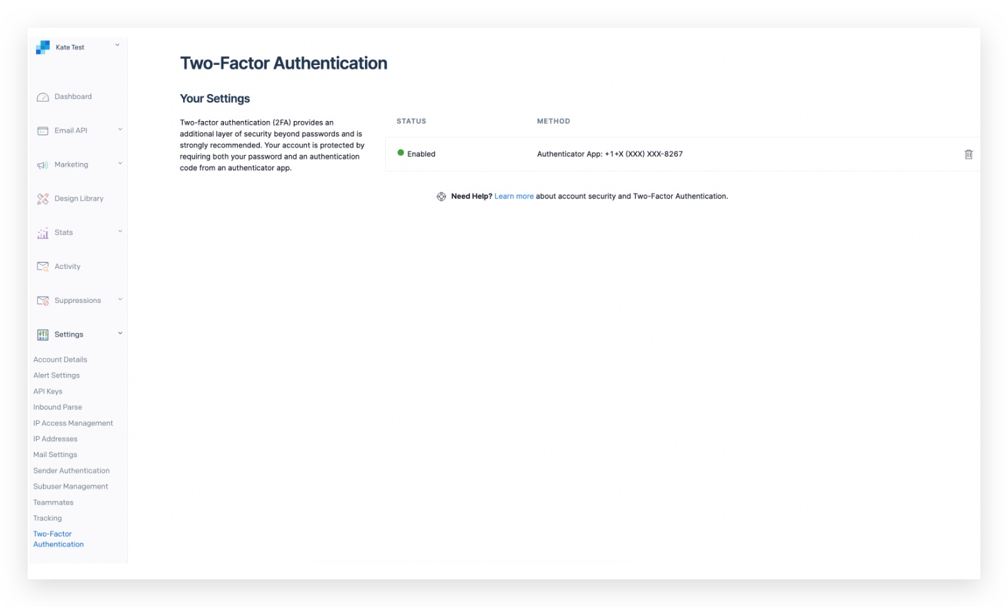 Setting up two-factor authentication in SendGrid