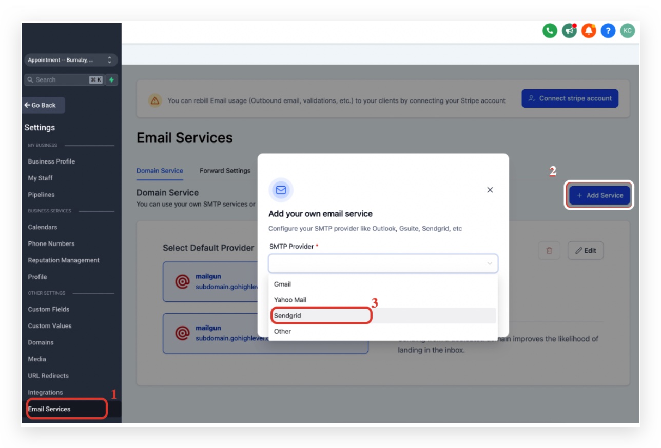 Selecting SendGrid from the Email Services dropdown