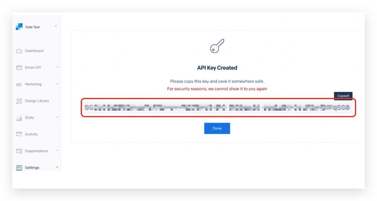 Copying the generated SendGrid API key