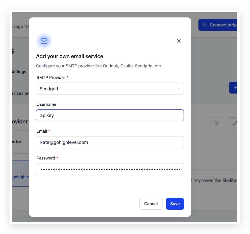 Entering the SendGrid API key into the platform's email service settings