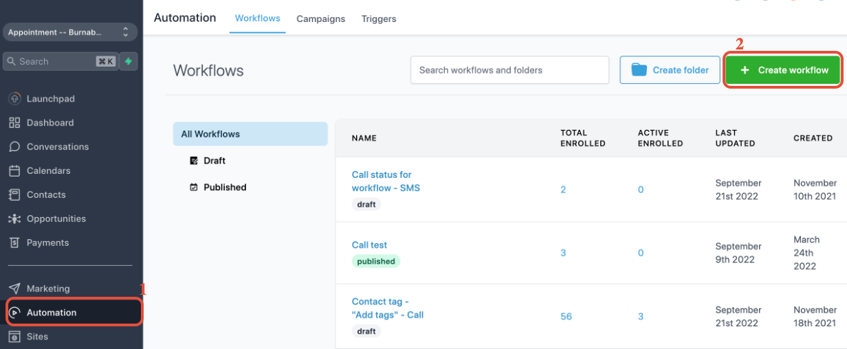 Automation > Create Workflow button