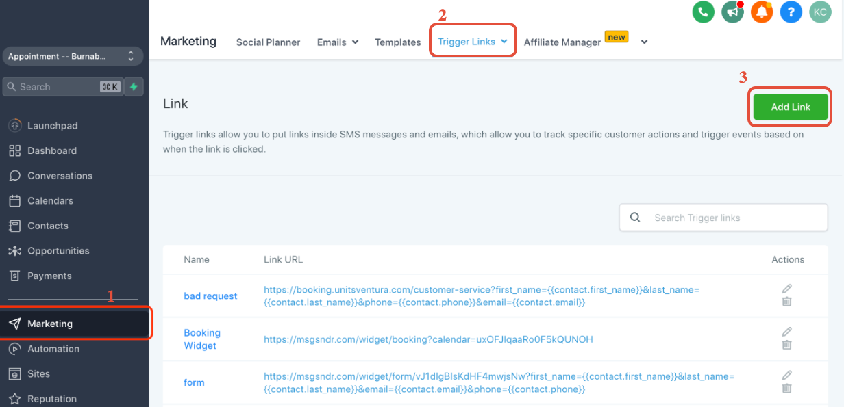 Marketing > Trigger Links > Add Link navigation path