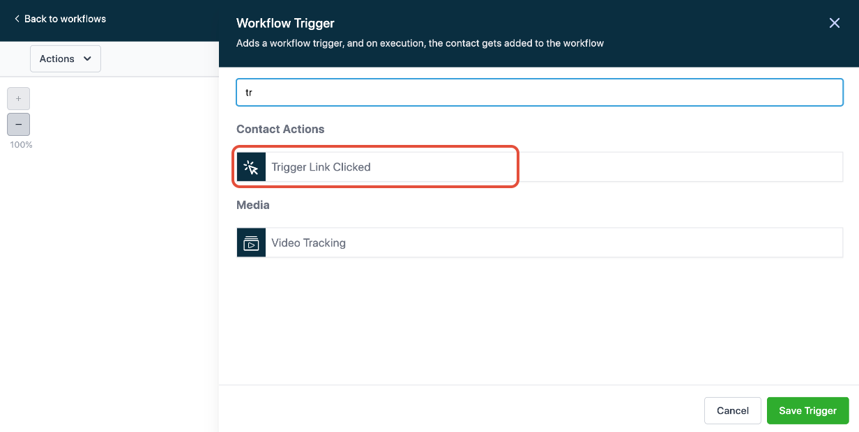 Trigger Link Clicked trigger selected in the search panel