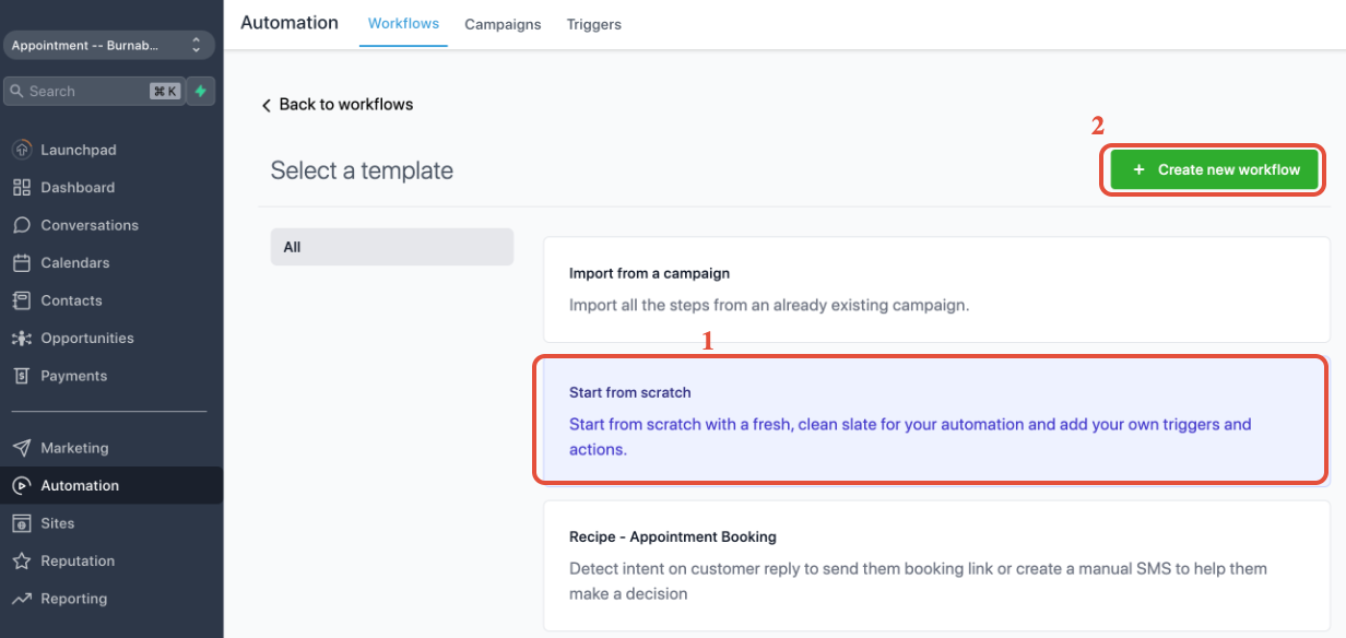 Start from Scratch > Create New Workflow dialog