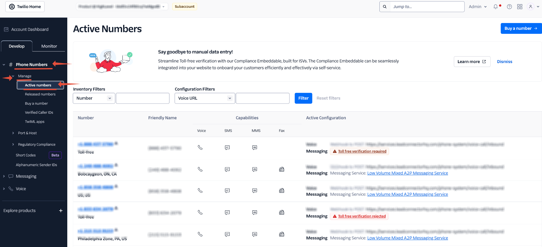 Active Numbers list under Phone Numbers > Manage