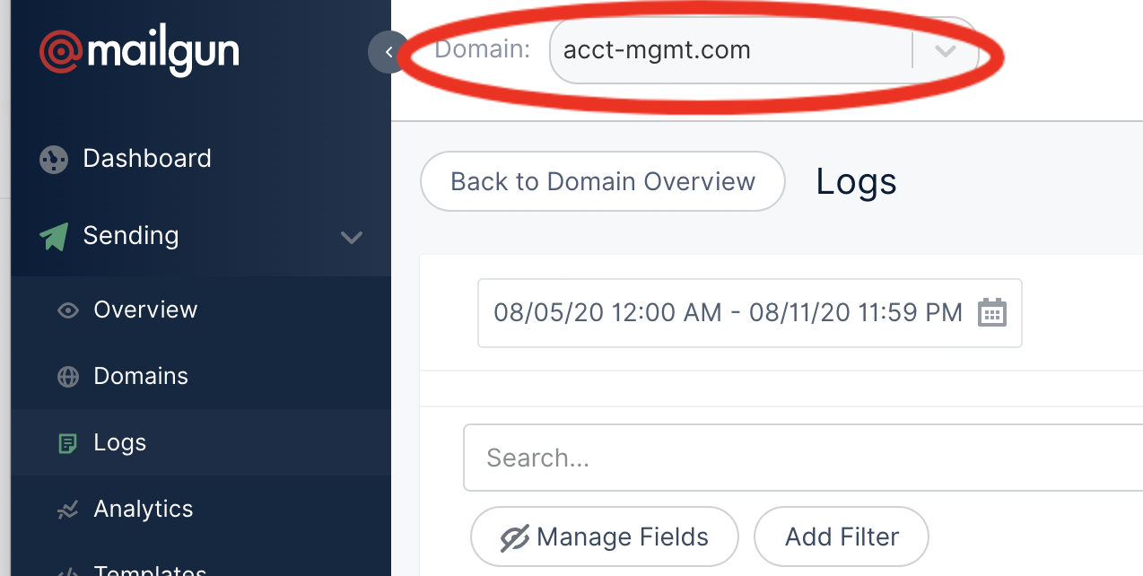 Domain selector in Mailgun logs