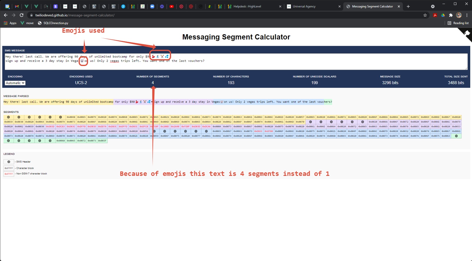 Emojis increasing segment count from 1 to 4