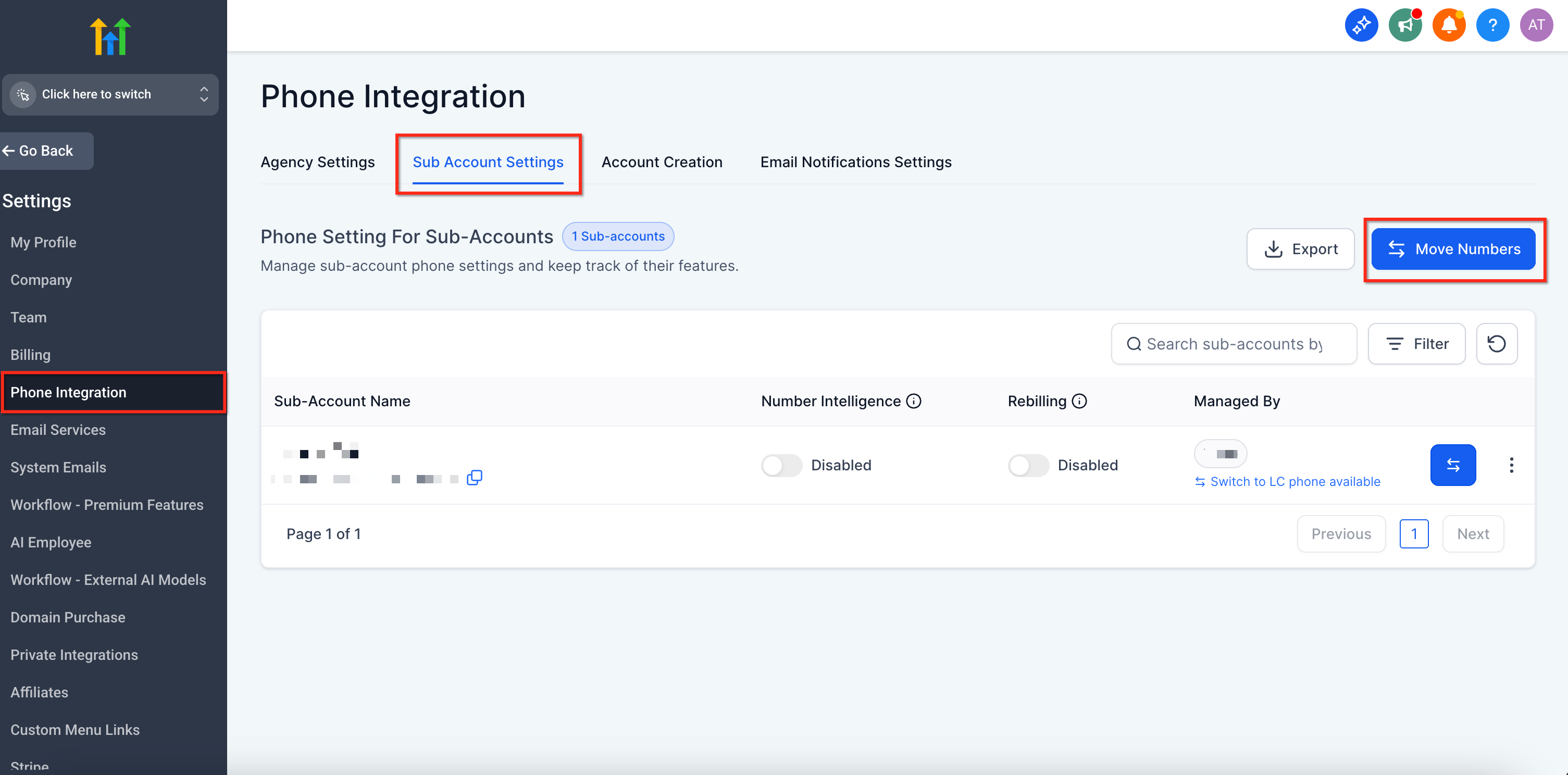 Chat To Clients CRM Phone Integration settings showing the Move Numbers button