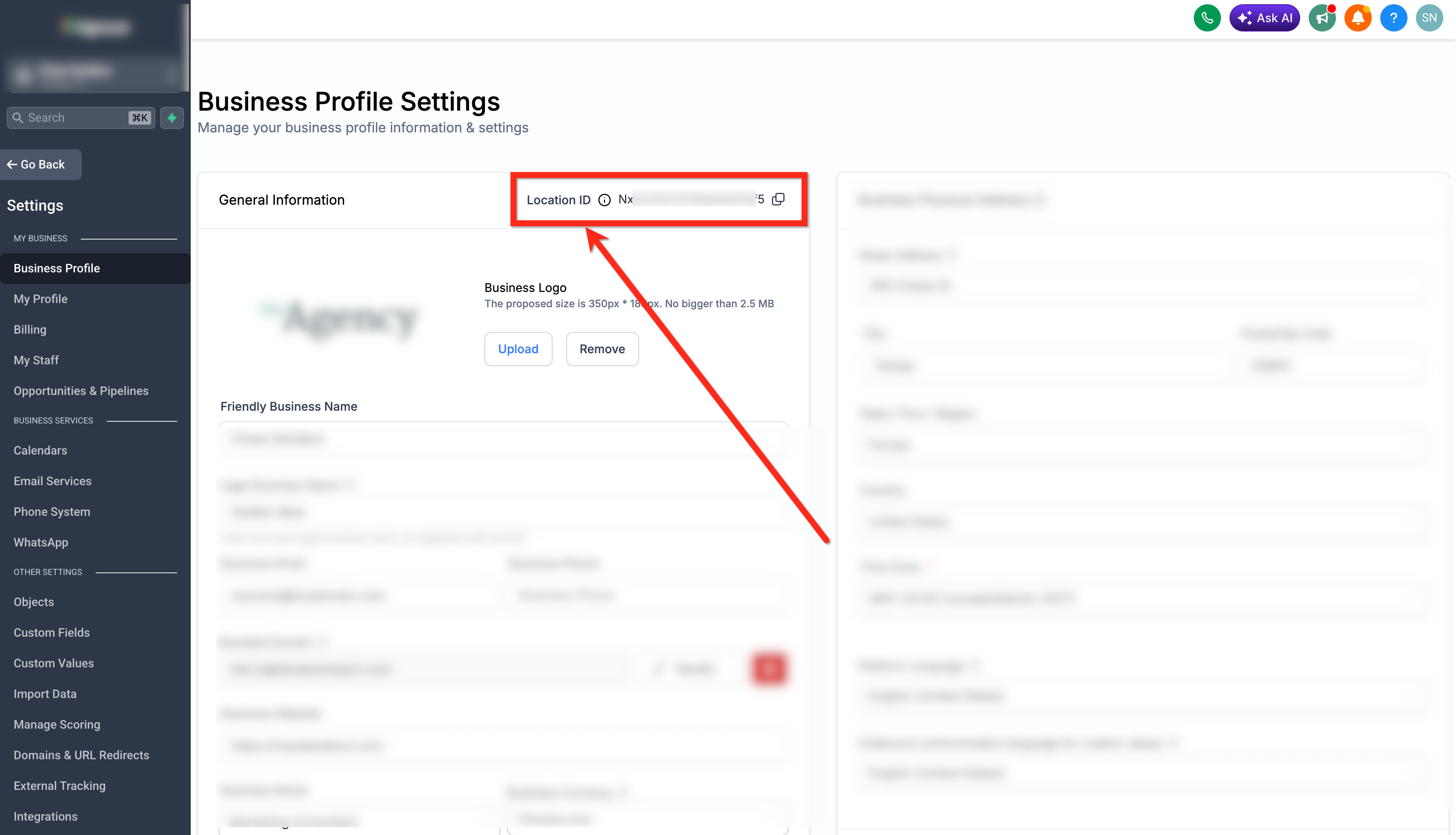 Chat To Clients CRM Business Profile Settings showing the Location ID