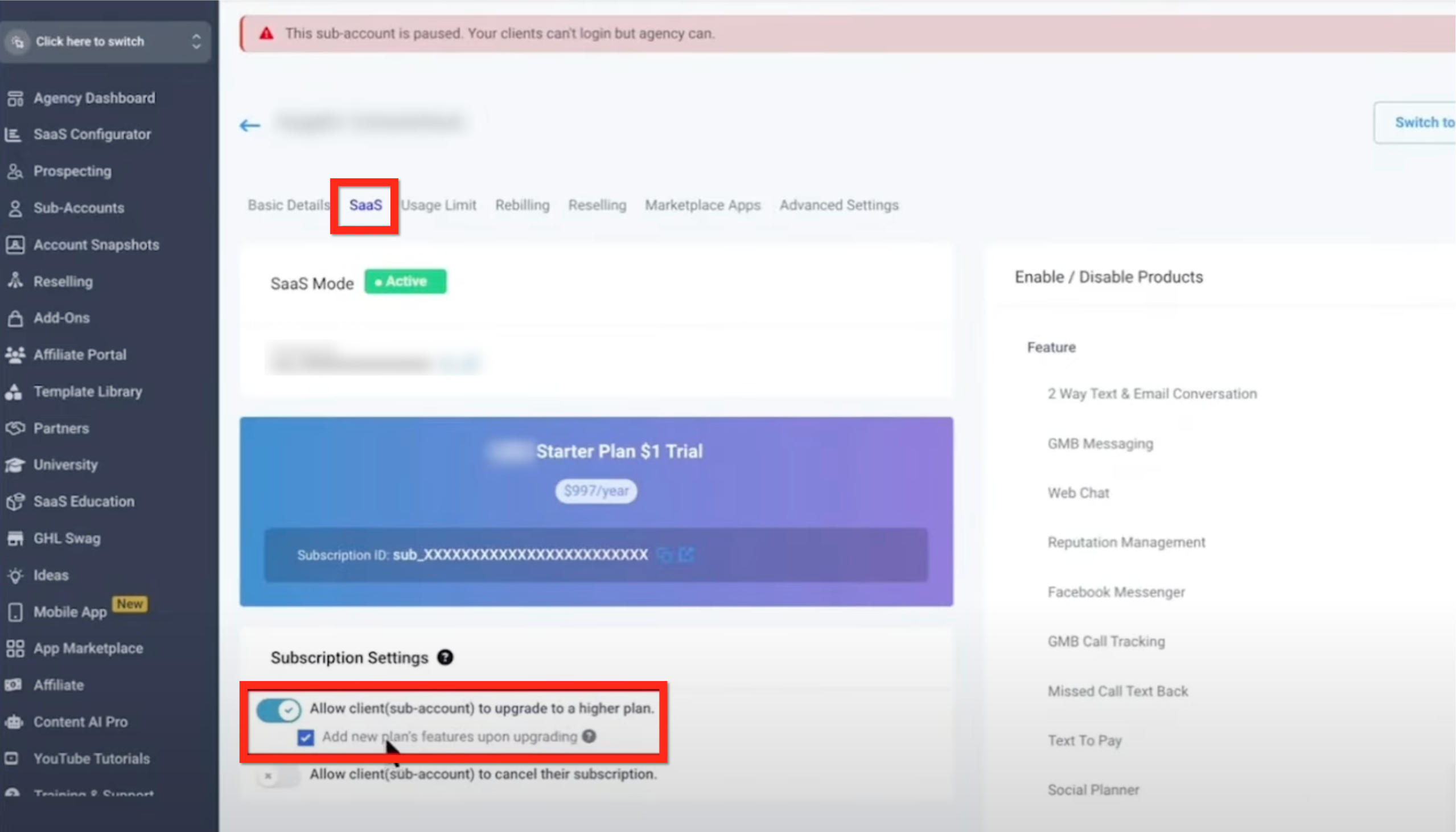 Per-client SaaS upgrade permissions