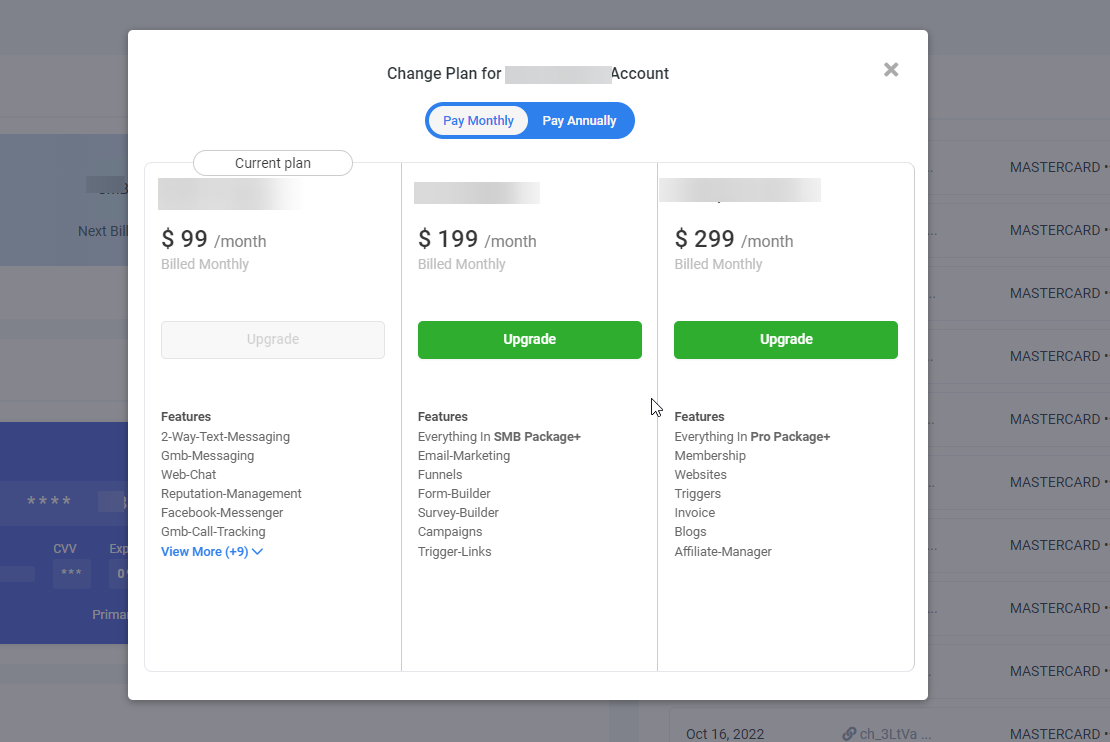 Available SaaS plans shown during the upgrade flow