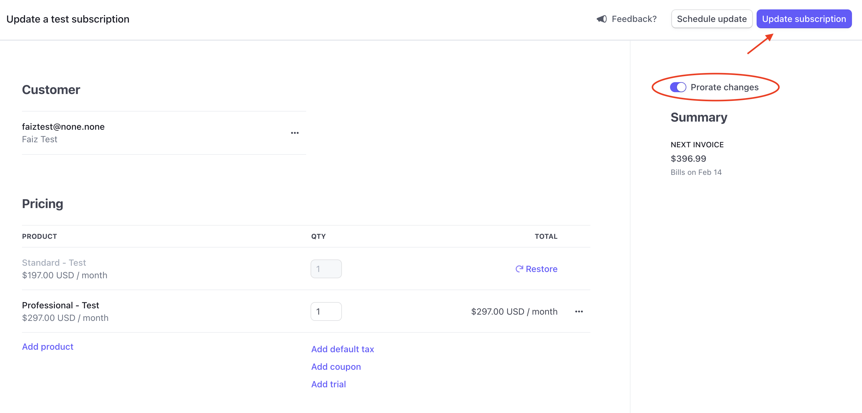 Stripe subscription update and proration options